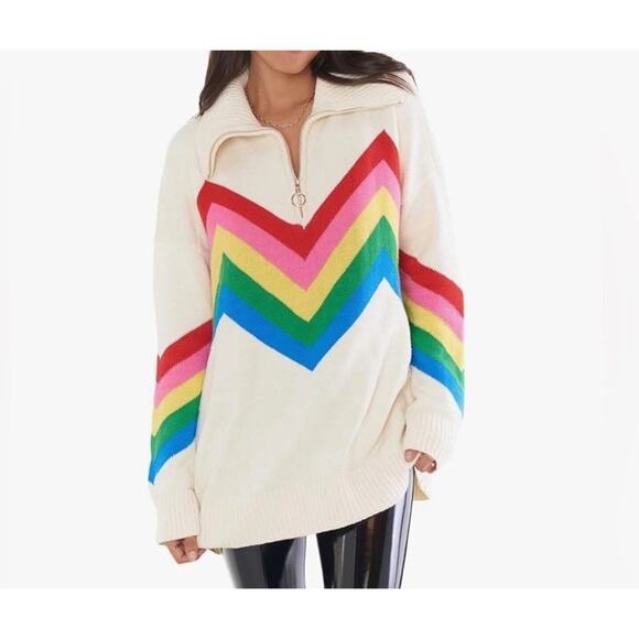 Show Me Your Mumu Oversized Weston Half Zip Pullover in Rainbow Slope Knit XL - Picture 1 of 12